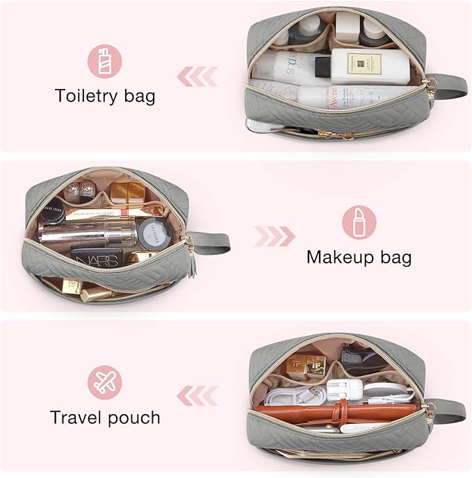 BAGSMART Makeup Bag, Elegant Roomy Cosmetic Pouch for Purse,Travel Zipper Pouch,Water-resistant Toiletry Bag,Makeup Accessories Organizer, Grey