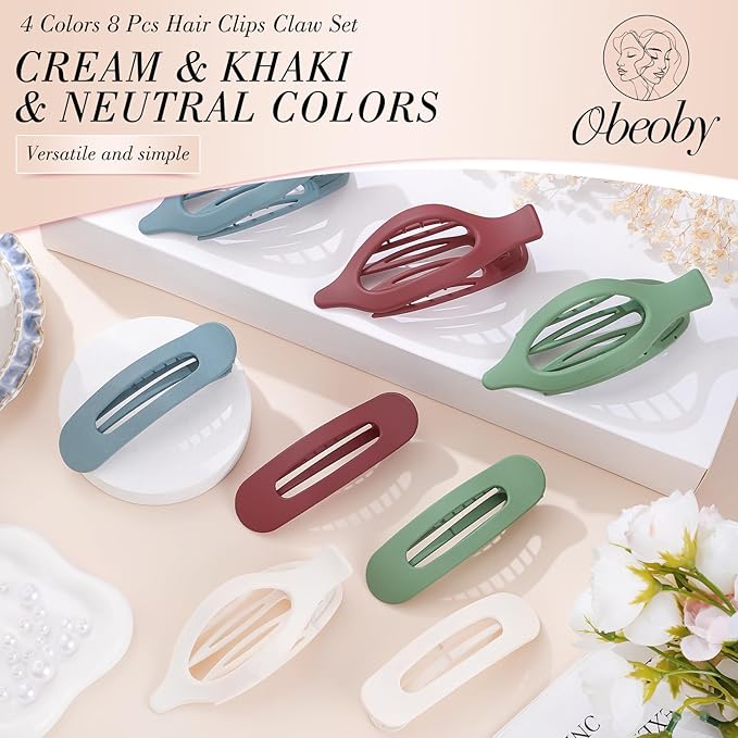 obeoby 8 PCS Flat Hair Clips, Flat Claw Clips 2 Styles Hair Claws for Women Girls Medium Hair Volume (blue, green, red, white)