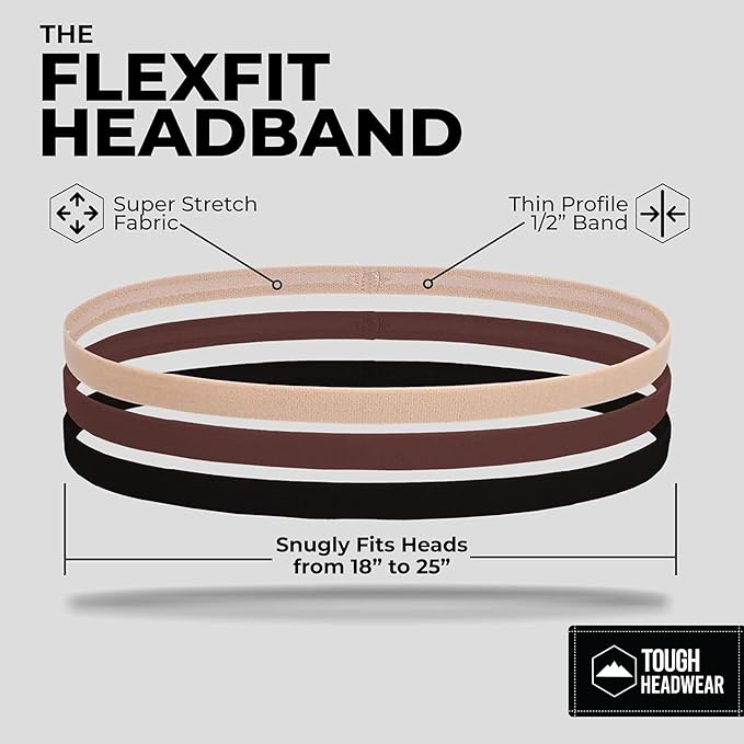 Tough Headwear Thin Elastic Headbands - Sports Headbands for Women & Men - Mens Workout Headband - Running or Soccer Headband