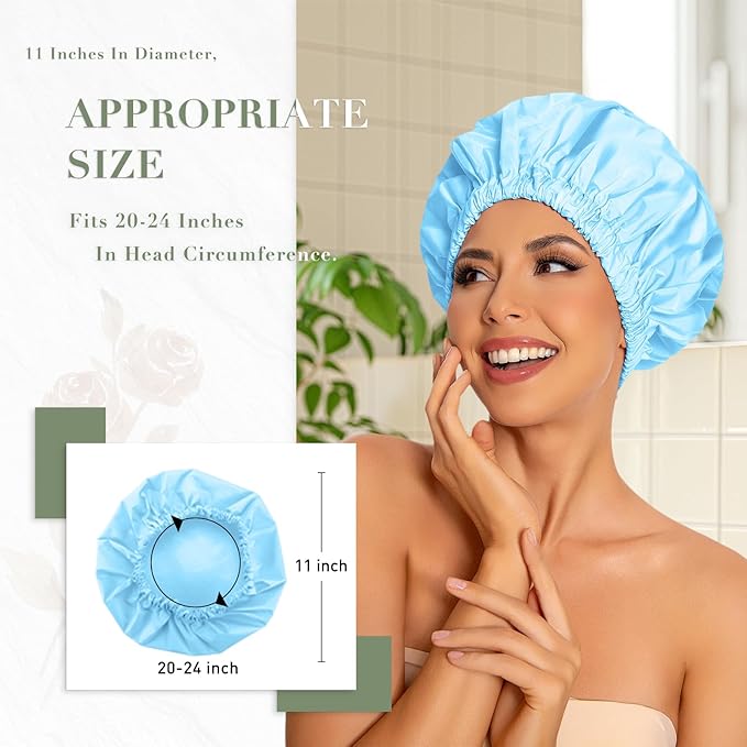 Reusable Shower Cap for Women, Large Waterproof Shower Bonnet with Elastic Band, Washable Bath Hair Cap for Long, Curly Hair, Braids, Daily Shower, Home Spa, Travel(Light Blue)