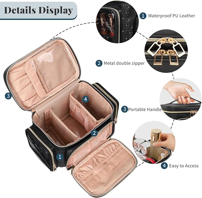 Makeup Bag, 2PCS Leather Large Travel Makeup Bag, Portable Waterproof Makeup Bag Organizer for Women with Makeup Brush Compartment, Cosmetic Travel Bag Vertical Storage Toiletry Bag, Black