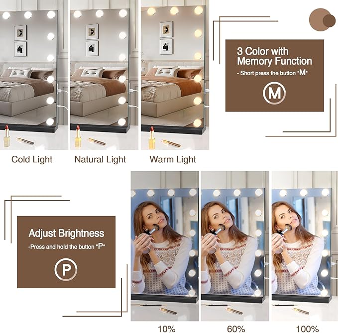 Vanity Mirror with Lights, 31.5" x 23.6" Large Makeup Mirror with LED Lights, Smart Touch Dimmable 3-Color Light, Memory Function, USB Charging Port Black