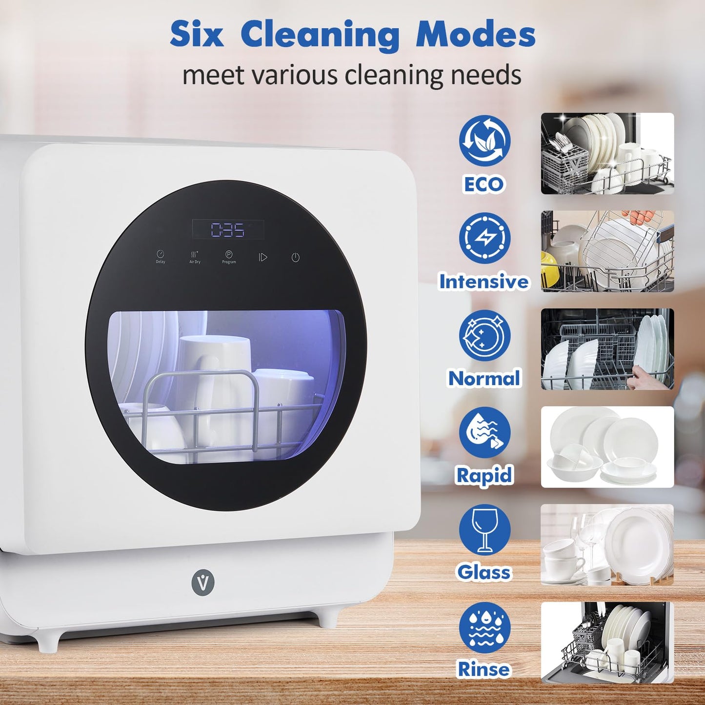 Smart Compact Dishwasher with 6 Wash Cycles & Dual Fill Technology, Countertop Portable for Modern Apartments, Dorms, and Boats – No Installation, Space-Saving Design with Self-Priming Mode