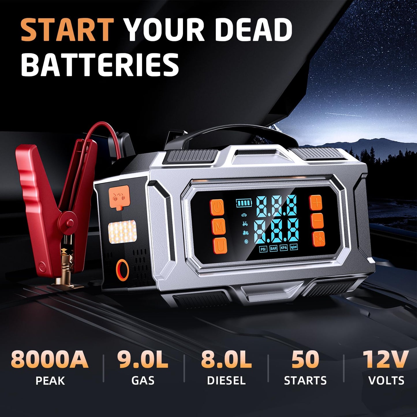 Jump Starter with Air Compressor, 8000A Car Battery Jump Starter (9.0 Gas/8.0L Diesel), 180PSI Car Battery Jumper Starter Portable 12V Jump Box with Jumper Cables, LED Light, Power Bank, LCD Display