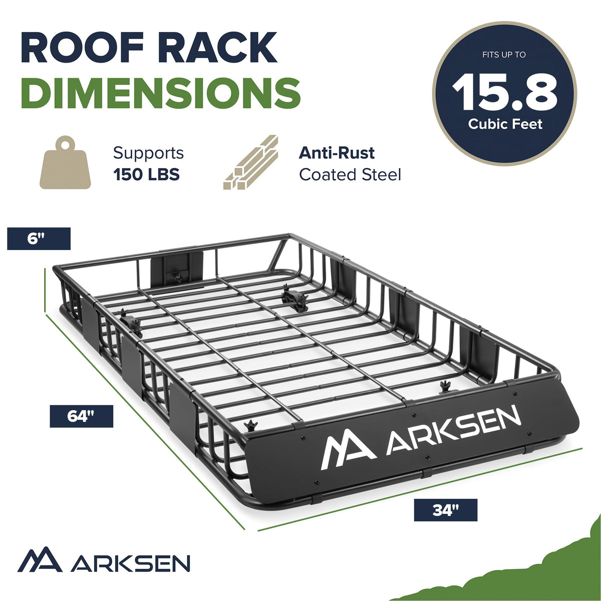 ARKSEN 64" x 34" x 6" Roof Rack Cargo Basket with Extension, 150 LBS Universal Heavy Duty Steel Rooftop Carrier for SUV, Truck, RV, Pickup