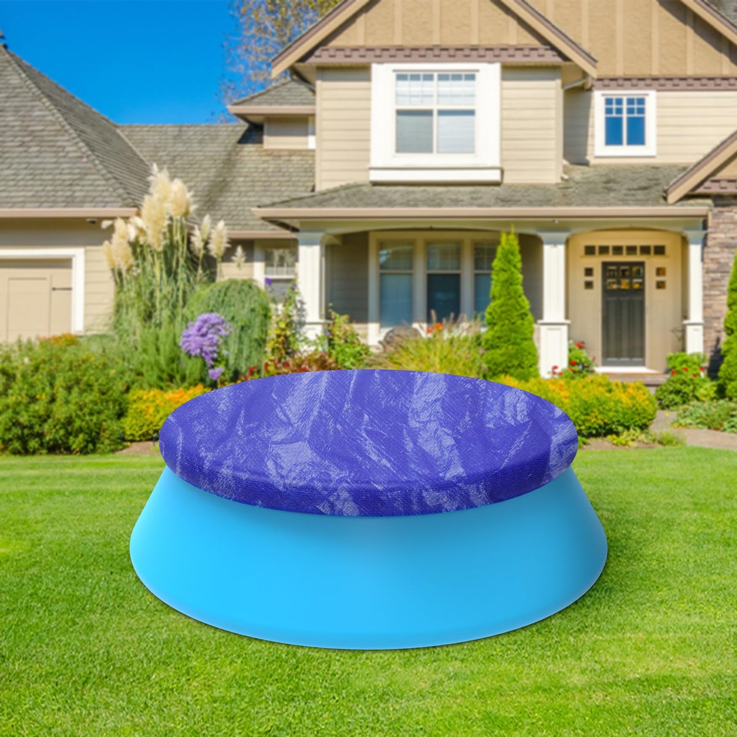 12FT Round Inflatable Pool Cover, Outdoor Swimming Pool Cover for Intex Above Ground Pools with Elastic Band, Waterproof and Dustproof, No Drain Holes, Prevent Leaves, Debris and Dust