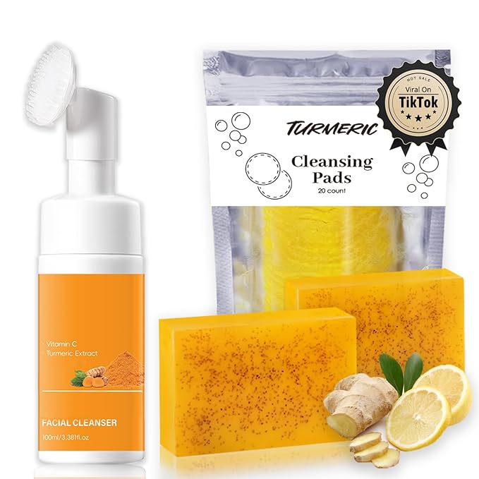 Turmeric Wash and Care Kit – Turmeric Face Wash with Brush, Exfoliating Facial Pads, Turmeric Oil and Cleansing Soap Bars– Jabon de Curcuma, Natural Skincare for Face & Body (3PC Set, Count, 4)