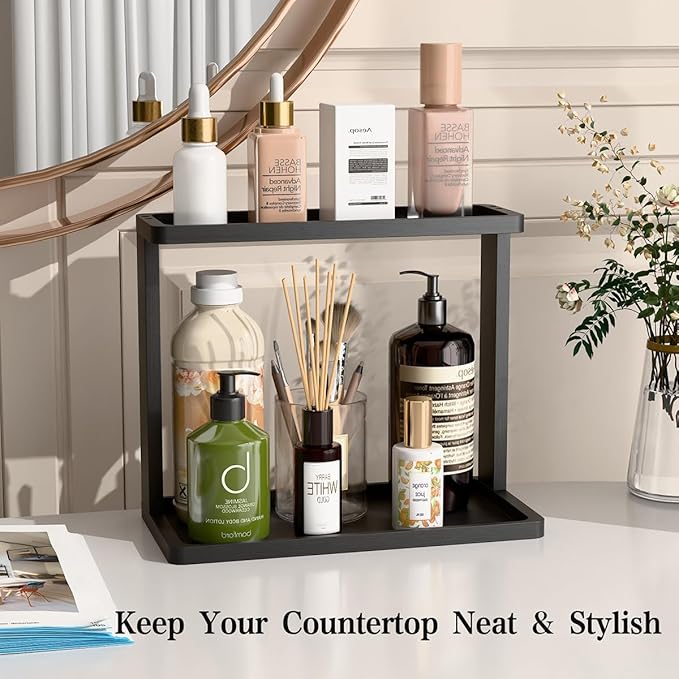 PEKER Bamboo Bathroom Organizer Countertop Ã¢ÂÂ Small Vanity Storage Shelf for Makeup, Perfume, Skincare Ã¢ÂÂ Natural Cosmetics Display Rack for Dresser, Sink, Kitchen Ã¢ÂÂBlack