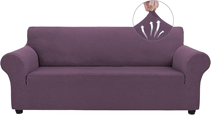 Asnomy Couch Covers for 3 Cushion Couch Stretch Sofa Covers Slipcovers, Pet Protector Furniture Covers for Dogs Cats Spandex Jacquard Fabric Small Checks （Large，Gray Purple）