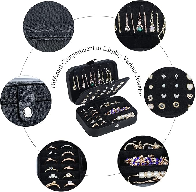 Hatori Travel Jewelry Box, PU Leather Small Jewelry Organizer for Women Girls, Portable Mini Travel Case Display Storage Holder Boxes for Stud Earrings, Rings, Necklaces, Bracelets (Black02)