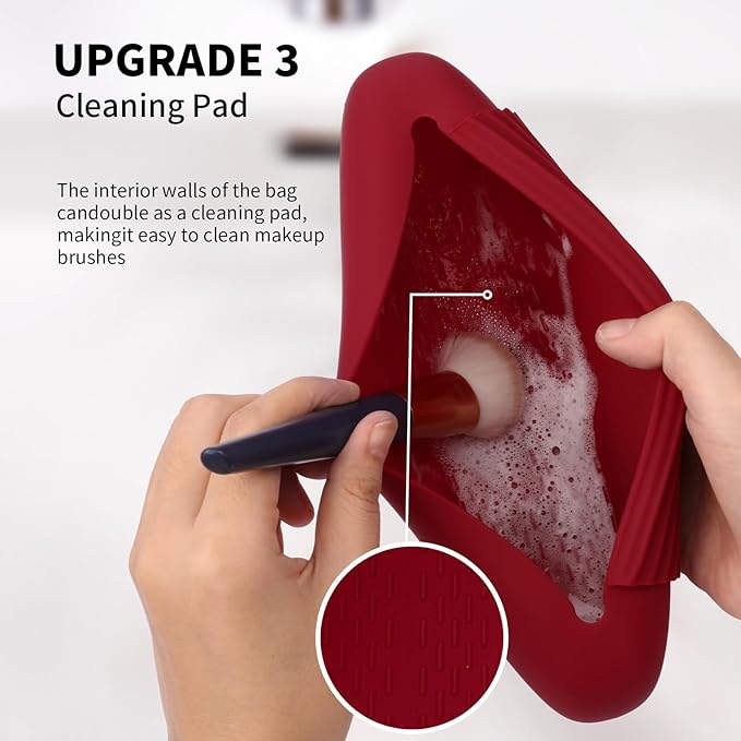 2 IN 1 Silicone Makeup Brush Holder with Beauty Make Up Sponge Holder Case：Soft Portable Cosmetic Face Brushes Holder with Upgrade Anti-Fall Out Magnetic Closure - Red