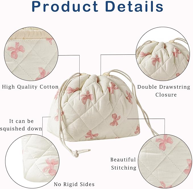 uekeboag Cotton Quilted Drawstring Makeup Bag with Canvas Lining,Coquette Aesthetic Cute Travel Toiletry Bag,Drawstring Gift Bag for Women and Girls（09Little Pink Bow）
