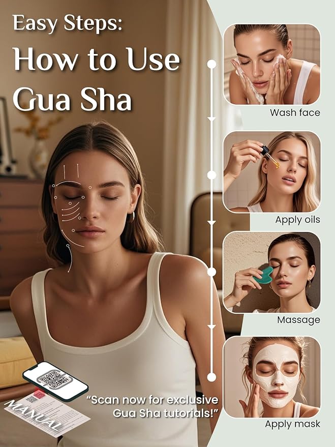 Rena Chris Gua Sha Facial Tools: Jade Stone Guasha Tool for Face Acupuncture Therapy, Facial Massager for Jawline Sculpting and Puffiness Reducing (Green)