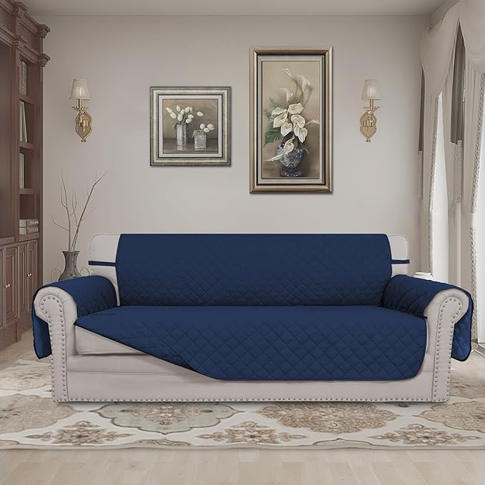 Easy-Going Reversible Couch Cover for 3 Cushion Couch Sofa Cover for Dogs Water Resistant Furniture Protector Cover with Foam Sticks Elastic Straps for Pet Cat (Sofa, Navy/Navy)