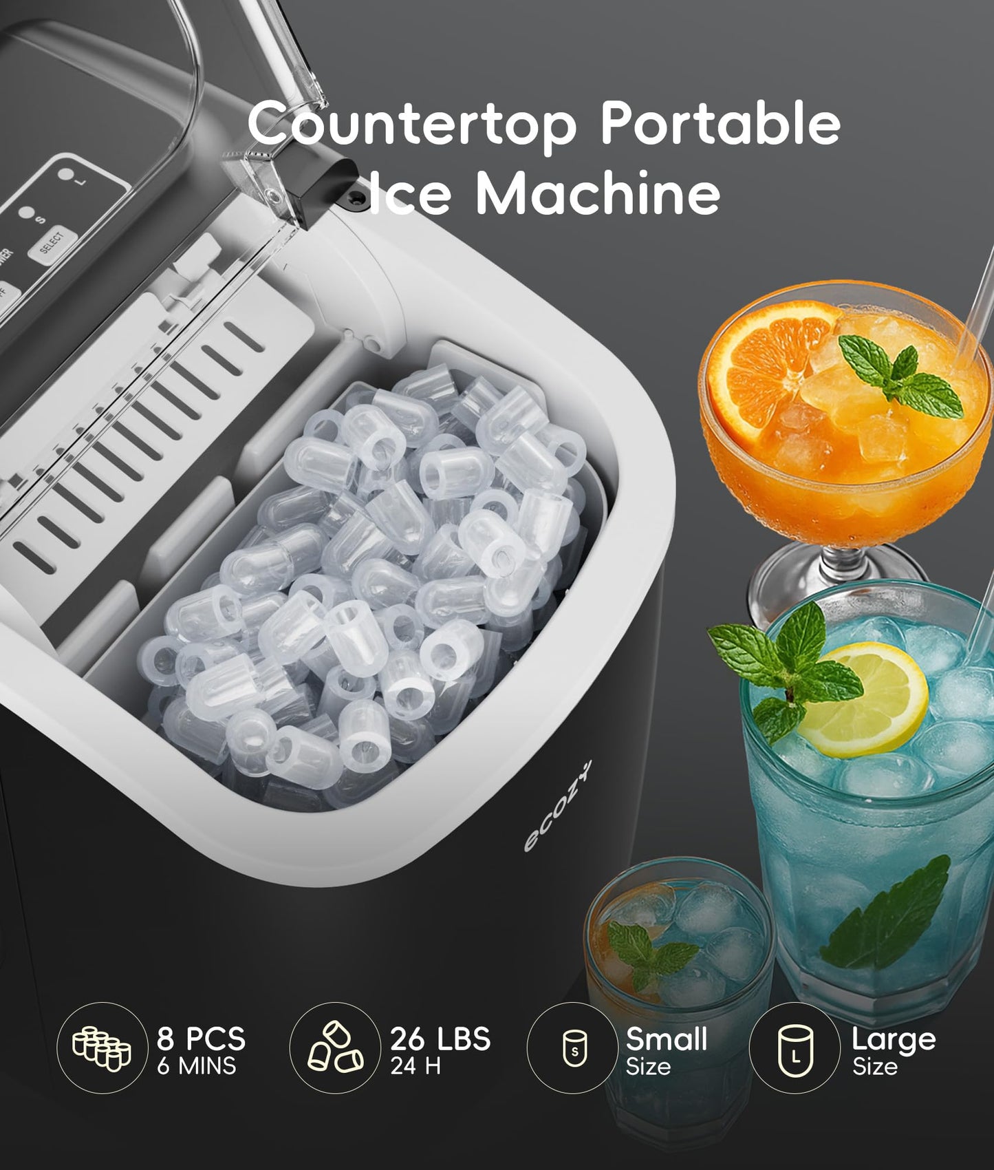 ecozy Portable Ice Makers Countertop, 8 Cubes in 6 Mins, 26lbs/Day, Bullet Ice Maker Machine with 2 Ice Sizes, Self-Cleaning Ice Maker with Carry Handle for Home/Kitchen/Party/Travel - 2026 Version