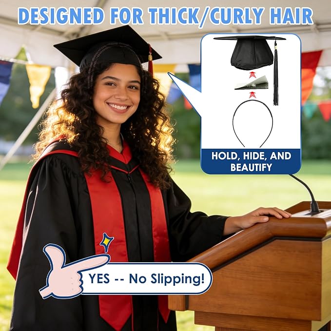 PUNCHMAN 2 Pack Graduation Cap Headband - Lightweight All-Day Comfort Grad Cap Headband Insert - Secure Grad Hat Holder for Curly/Thick Hair - Anti-Slip Removable Graduation Hair Accessories,Black