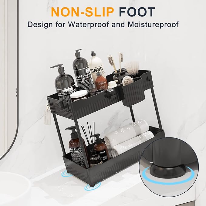 Sevenblue 2 Pack Under Sink Organizer, Under Bathroom Cabinet Organizer with Hooks Hanging Cup, Multi-Purpose Storage Shelf for Kitchen Bathroom (Black, 14.8 Inch)