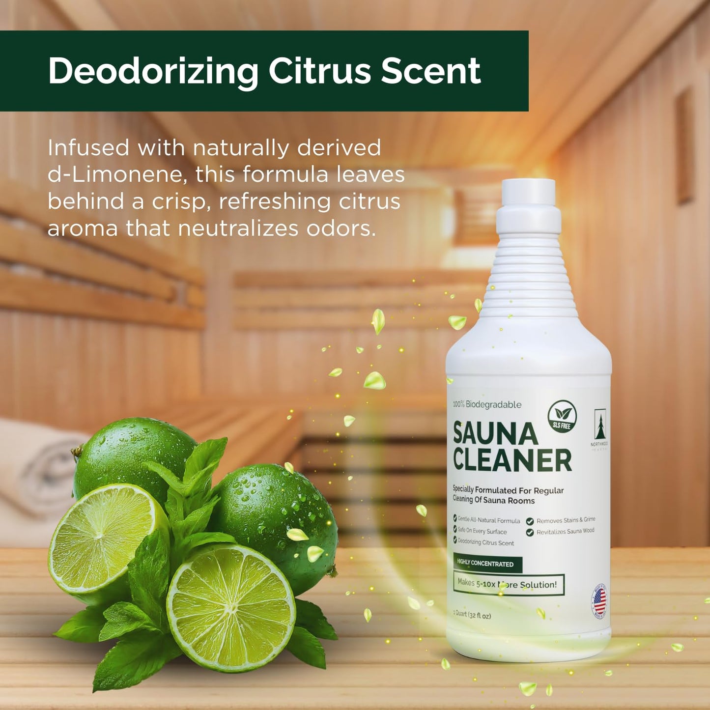 Northwood Sauna - Sauna Cleaner - Natural Wood Cleaner & Deodorizer - Makes 10x More Solution - 1 Quart (32 Fl Oz)
