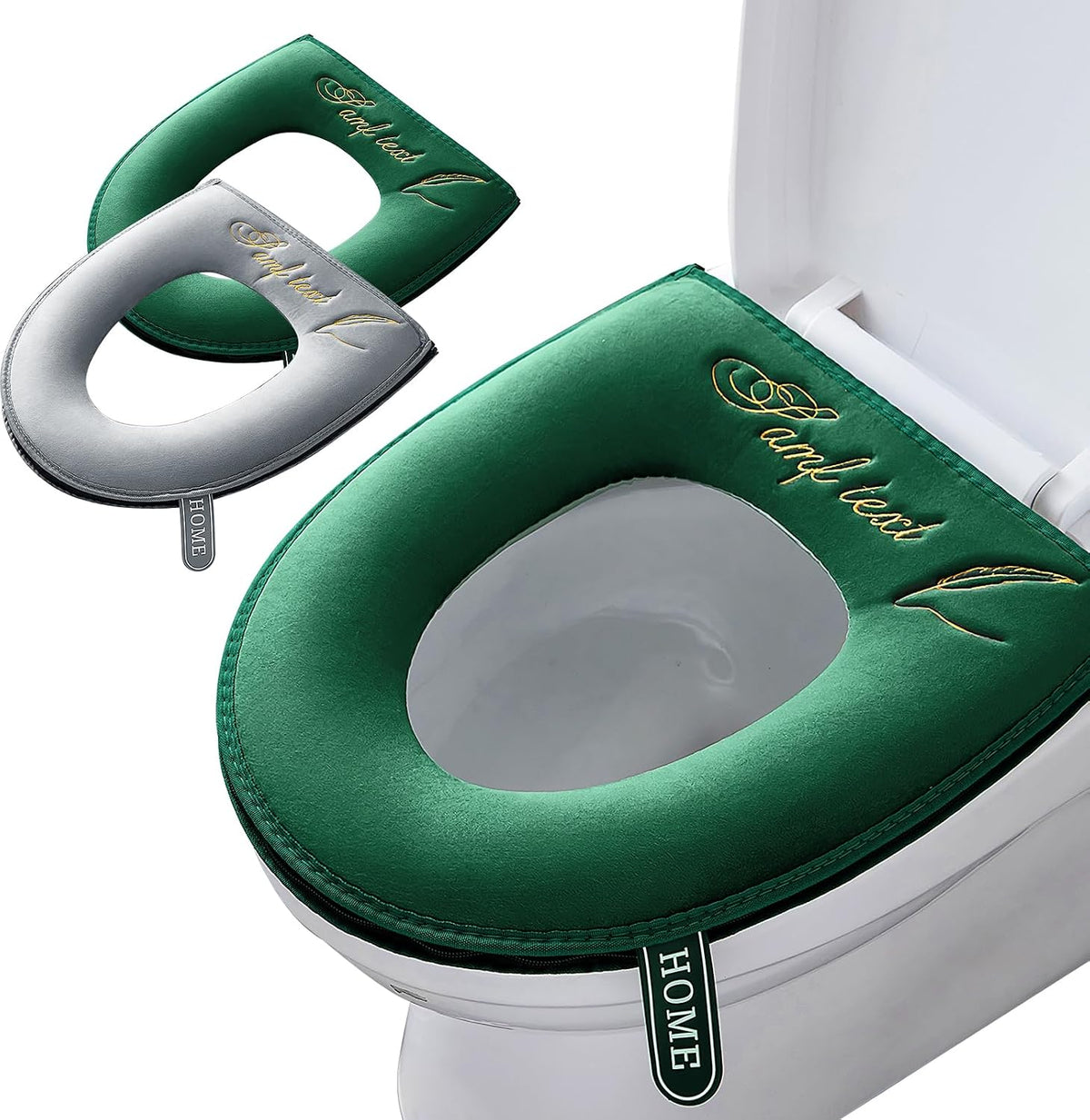 timecity 2Pcs Warmer Toilet Seat Pads with Zipper Grey Green Toilet Seat Cover with Lifter Handle Set Washable Velvet Toilet Seat Cushion Soft Thicker Toilet Seats Warmer Mat, Grey Green