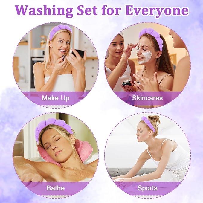 Women's Spa Terry Cloth Headband for Face Washing, Makeup Removal, Shower - Puffy Sponge Hair Accessory (Purple)