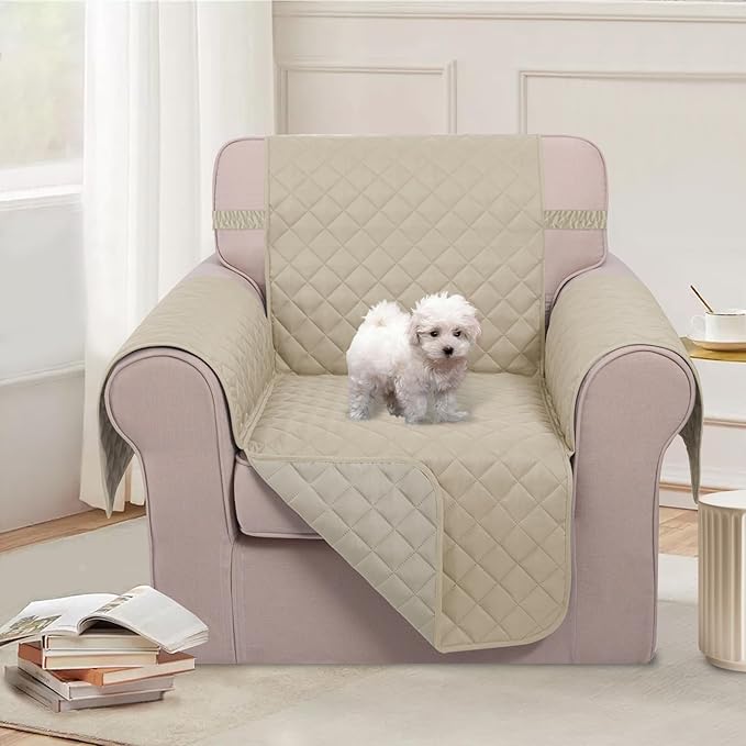 U-NICE HOME Recliner Chair Covers Reversible Chair Cover Pet Covers for Dogs with Elastic Straps Water Resistant Diamond Quilted (23''Armchair, Sand/Beige)