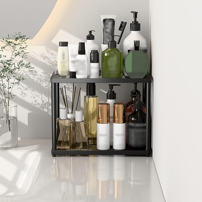 2 Tier Bathroom Counter Organizer, Rectangular Vanity Organizer Shelf, Skincare and Makeup Countertop Storage Rack for Kitchen, Bathroom, Bedroom, Black (Standard Version)