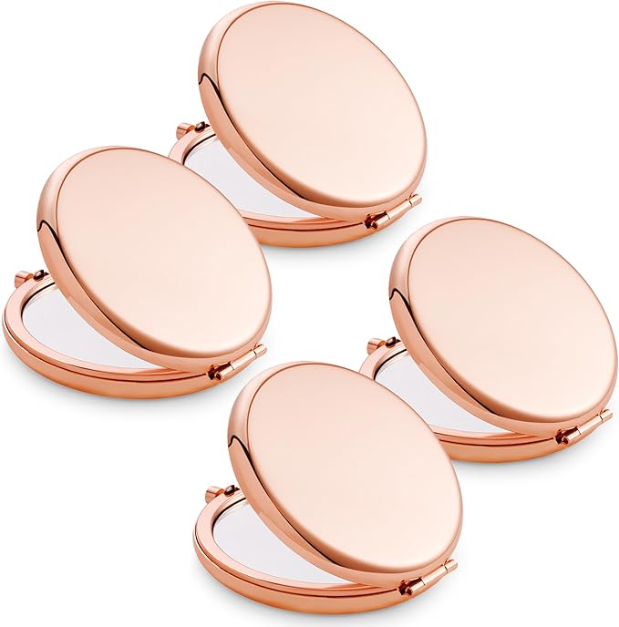 Compact Mirror for Purse, Metal Round Shell, Double-Sided 1X/2X Magnifying, Portable Travel Makeup Mirror, Mini Pocket Mirror, Rose Gold, 4 Packs