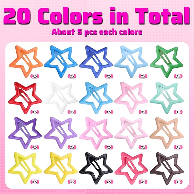 100 PCS Colorful Hair Clips, 1.18 Inch Y2K Accessories Star Hair Clips, Non-Slip Snap Small Star Colorful Barrettes Accessories for Girls Women, Fashion Cool Ornament Set for Rave Decor