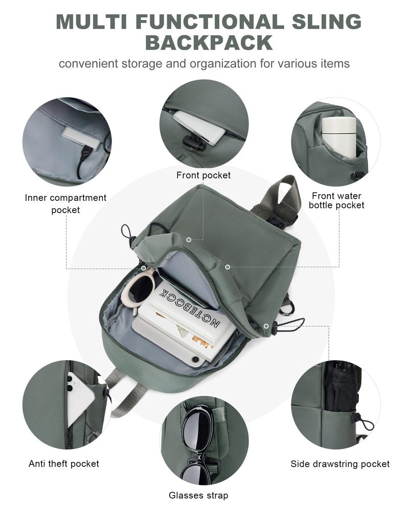 SEAFEW Small Green Sling Crossbody Backpack Shoulder Bag for Men Women - Mini One Strap Sling Bag Fanny Pack Daypack, Waterproof Nylon Chest Bag for Motorcycle Hiking Travel Gym Sport