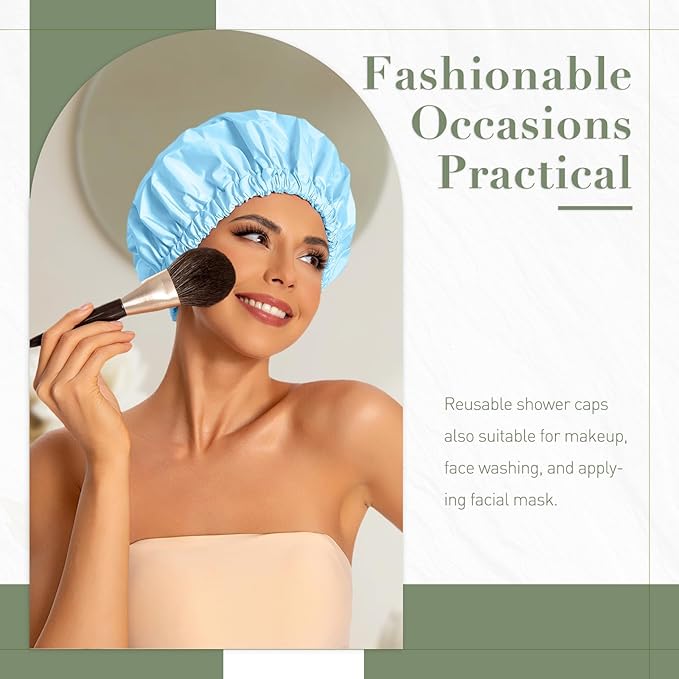 Reusable Shower Cap for Women, Large Waterproof Shower Bonnet with Elastic Band, Washable Bath Hair Cap for Long, Curly Hair, Braids, Daily Shower, Home Spa, Travel(Light Blue)