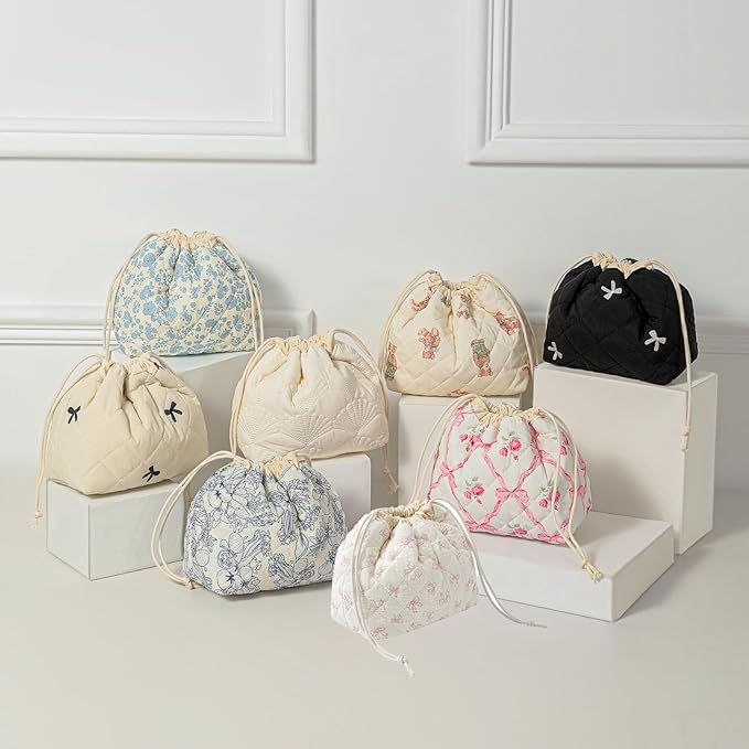 Cotton Quilted Drawstring Makeup Bag with Canvas Lining,Coquette Aesthetic Cute Travel Toiletry Bag,Drawstring Gift Bag for Women and Girls（12White Small Bow）