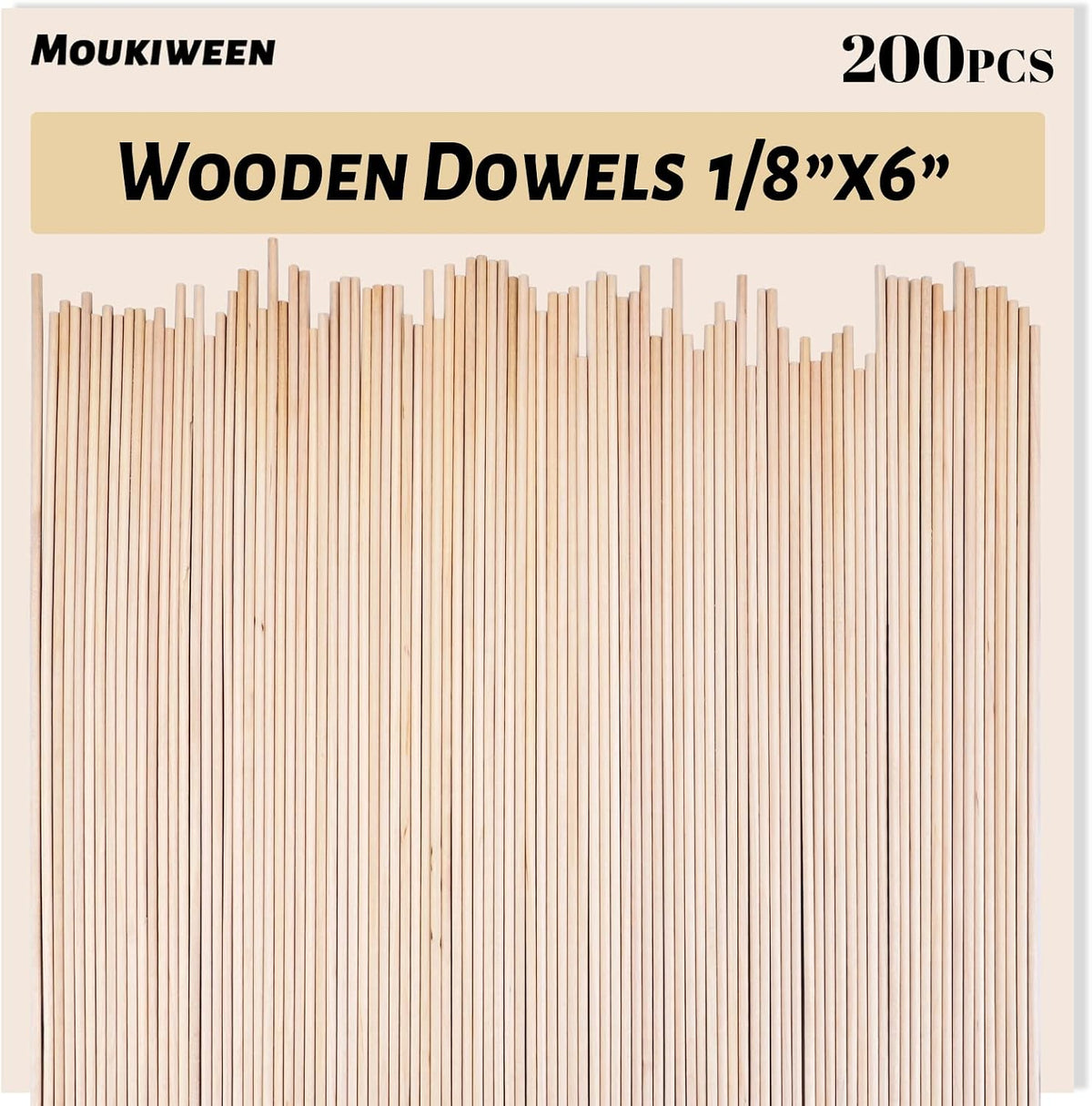 Wooden Dowel Rods, 200PCS 1/8 x 6 Inch Round Wooden Sticks for Arts Crafts, Home Decor, Cake Support, Photo Booth Props, Unfinished Natural Hardwood Sticks