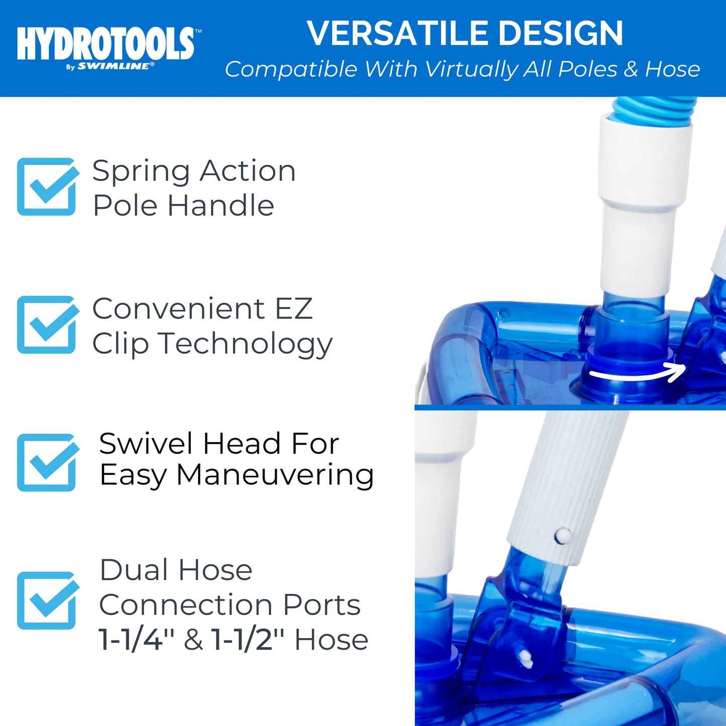 SWIMLINE HYDROTOOLS Manual Pool Vacuum Head Attachment For Inground & Above Ground Pools |Weighted Swimming Pool Vac Head Clear Triangle Shape W/ Bristles| Swivel Hose 1-1/4 or 1-1/2’’| 8145