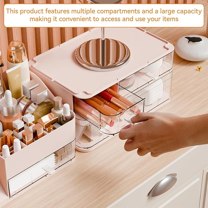 Yieach Pink Makeup Organizer Countertop With 4 Drawers,Large Cosmetics Storage Organizer for Brush,Hair Products,Plastic Makeup Holders and Beauty Skincare Organizers for Bathroom,Vanity,Dresser Top