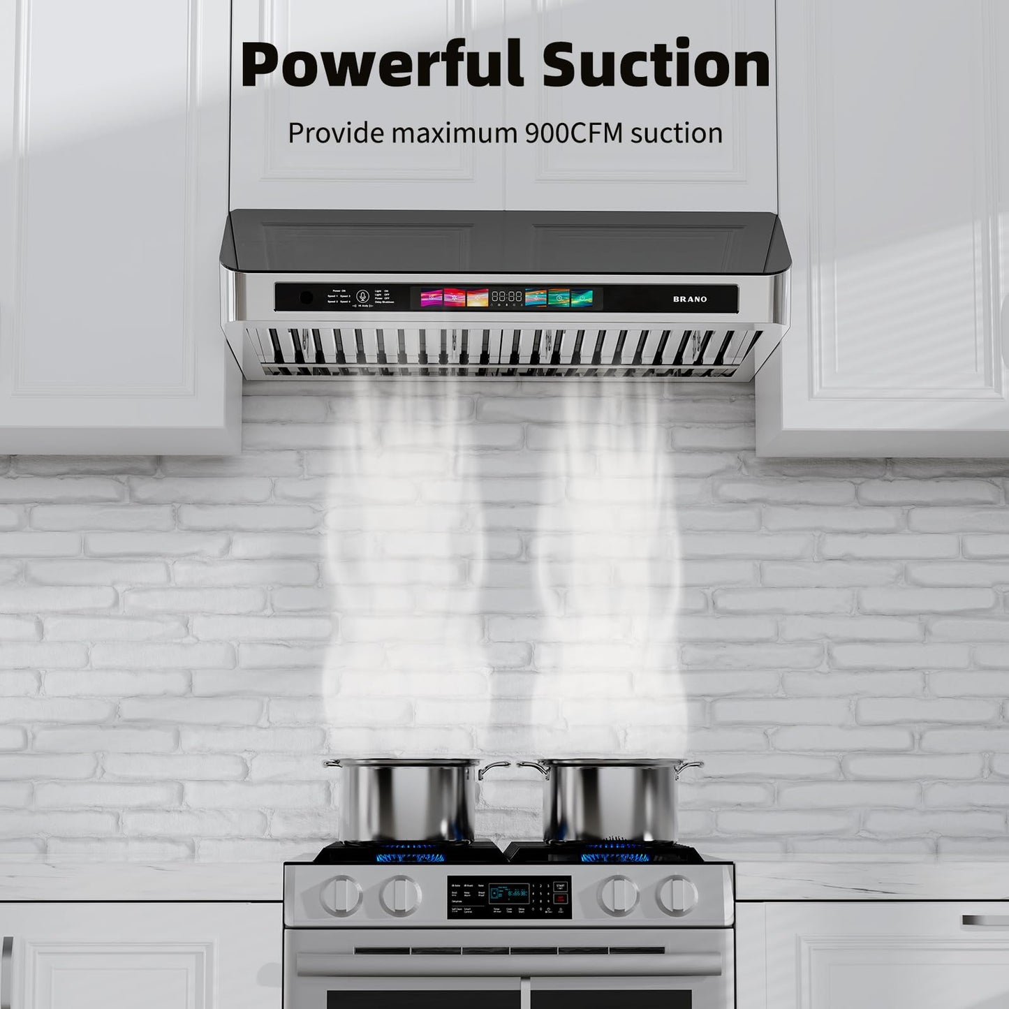 Under Cabinet Range Hood 36 Inch with Voice/Gesture/Touch Control, 900 CFM Stainless Steel & Upgraded Black Tempered Glass Ducted Kitchen Vent Hood with 4 Speed, Memory Mode, Adjustable Lights