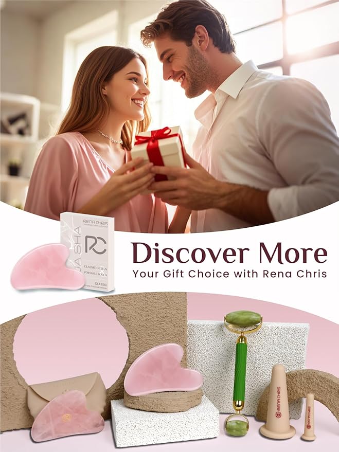 Rena Chris Gua Sha Facial Tools: Rose Quartz Guasha Tool for Face Acupuncture Therapy, Facial Massager for Jawline Sculpting and Puffiness Reducing (Pink)