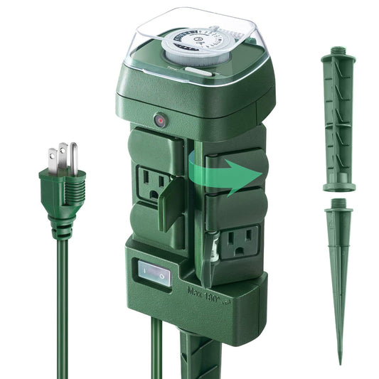 Outdoor Stake Timer Waterproof, 24 Hour Mechanical Power Strip Timer with 6 Outlets(3 180° Rotatable), 6ft Extension Cord Yard Stake Timer for Outdoor Christmas Lights, Heavy Duty, UL Listed