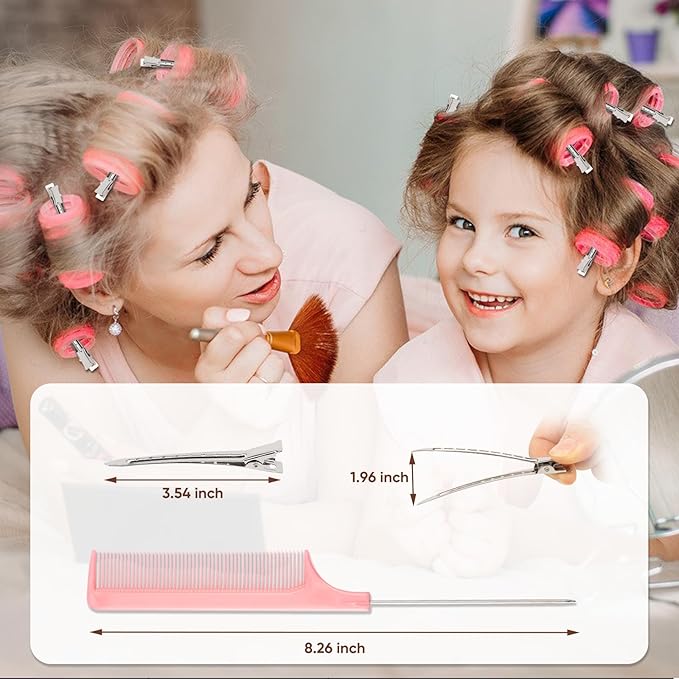 Hair Clips for Rollers,Pin Curl Clip,Metal Duck Billed Hair Clips for Women Styling,24pcs(3.5Inch) Silver larger Aligator Curl Loc Clips, Salon,Bows DIY,1pcs Rat Tail Combs,Dgeclr
