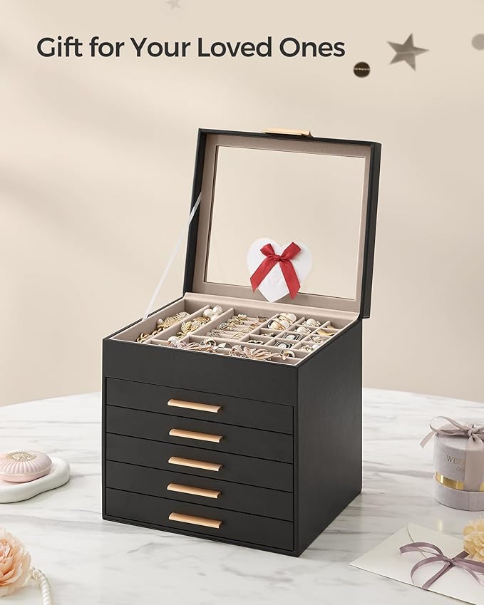 SONGMICS GISELLA Collection - Jewelry Box Organizer, 6-Layer Jewelry Storage with 5 Drawers, Shiny Metal Hardware, Glass Lid, Modern, 8 x 9.1 x 9 Inches, Ink Black and Gold Color UJBC176B01