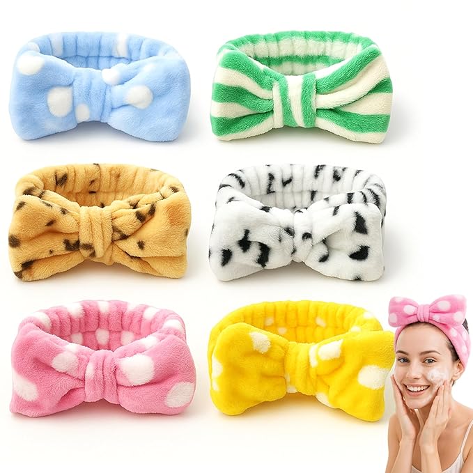 6 Pcs Spa Headband for Washing Face,Skincare Headband with Removable Bow,Furry Face wash Headbands,makeup Headbands for Women,Teen,Girls,Christmas Gifts