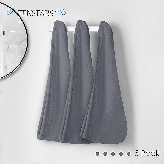 TENSTARS 5 Pack Thicken Microfiber Hair Towel Wrap for Women - Elastic Loop Design - 320GSM Coral Velvet - Quick Dry Hair Turban - 11x28 Inch (Dark Grey)