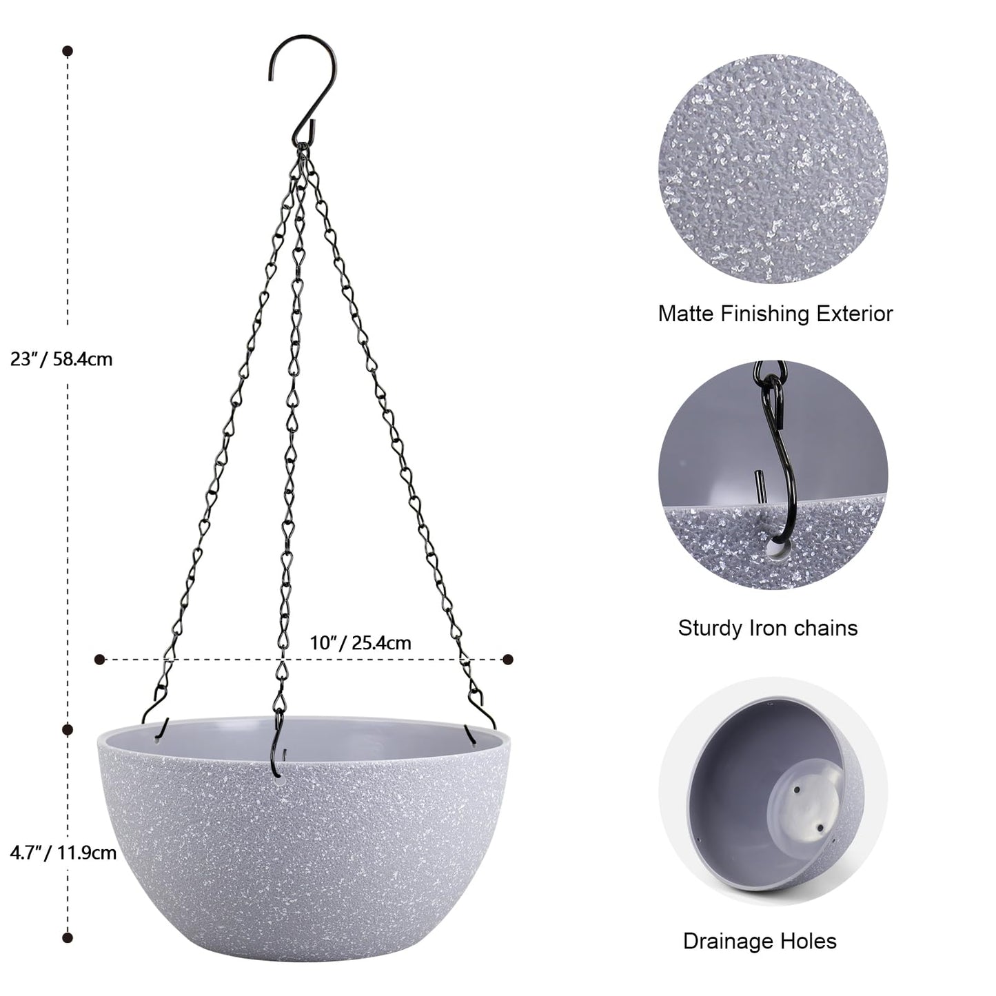 Meowell 10 inch Hanging Planters for Indoor Outdoor Plants, 2 Pack Hanging Flower Pots with Drainage Holes and Chain for Garden Porch, Plastic Hanging Baskets for House Plants, Speckled Grey