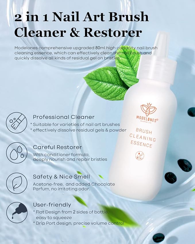 Modelones Nail Art Brush Cleaner & Restorer for Nail Polish/ Extension Gel/Solid Builder Gel/Dip Powder/Acrylic with nail art brush Manicure Kits DIY Salon at Home - 80ml, W/Pro Brush