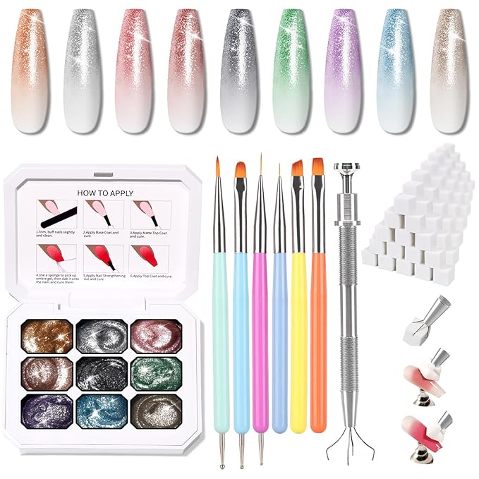 Christmas Pearl Gel Nail Polish, 9 Colors Glitter Ombre Gel Polish Palette Pat Paint Aurora Mermaid Gold Silver Green Pink Sparkle Reflective Holographic Nail Art, No Wipe, UV/LED Curing (Set 11)