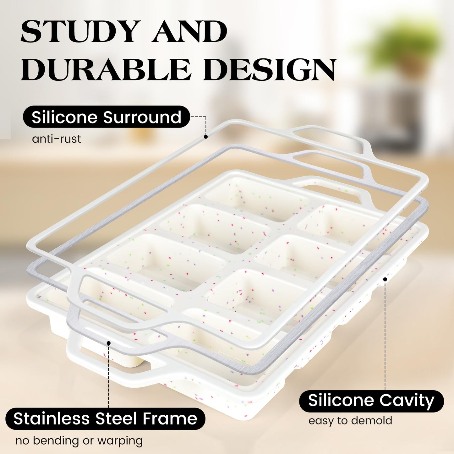 AOTASO 3 Pcs Silicone Baking Pan Set - Including Mini Loaf Pan, Standard Muffin Pan and Mini Muffin Pan - Silicone Cupcake Molds With Metal Reinforced Frame (Cream)