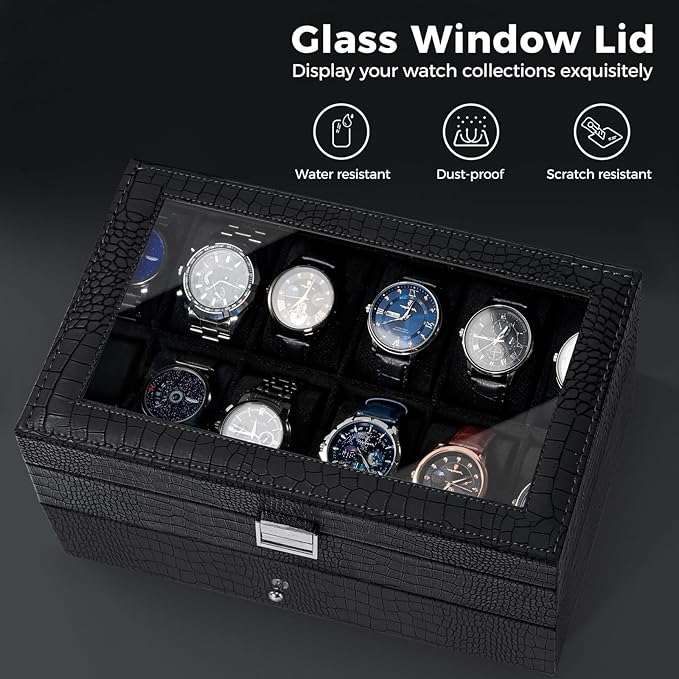 ProCase Watch Box, 12 Slot Mens Watch Case With Drawer, 2-Layer Watch Display Case With Glass Lid, Mens Jewelry Box Storage Holder Organizer, Birthday Valentine Gifts for Men -12Slot, LizardBlack