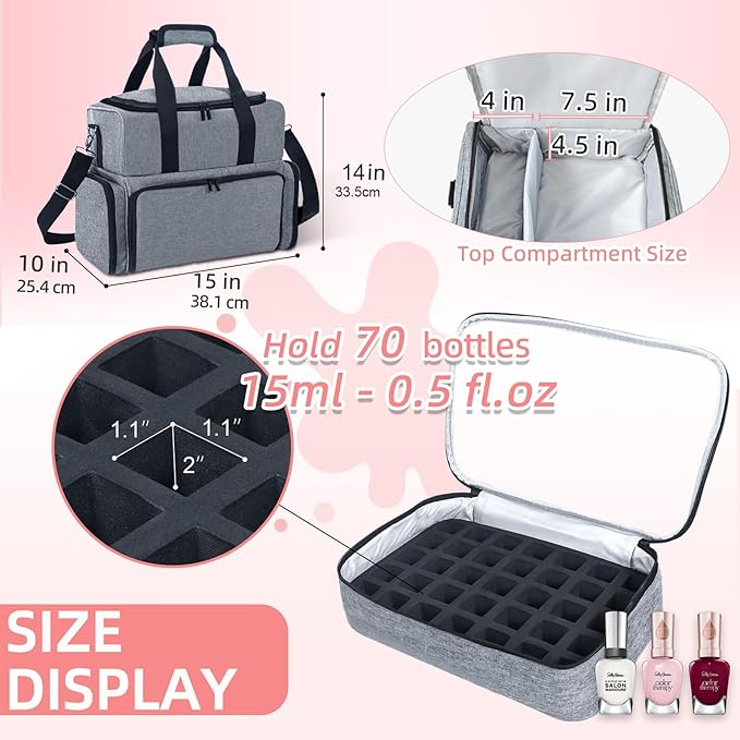 Nail Polish Organizer 3 Layers Holds 70 Bottles (15ml - 0.5 fl.oz) Portable Gel Nail Kit Organizer Case for Nail Lamp Travel Nail Supplies Bag with 2 Removable Nail Polish Holder Pouches (Gray)