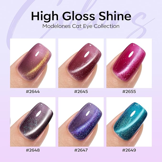 Modelones Cat Eye Gel Nail Polish Set, 6 Colors Coloful Neon Galaxy Champagne Lake Blue Grape Purple Gold Brown Hot Pink 9D Glassy Cat Eye Glitter Gel Polish with Magnet LED Soak Off Manicure Gift