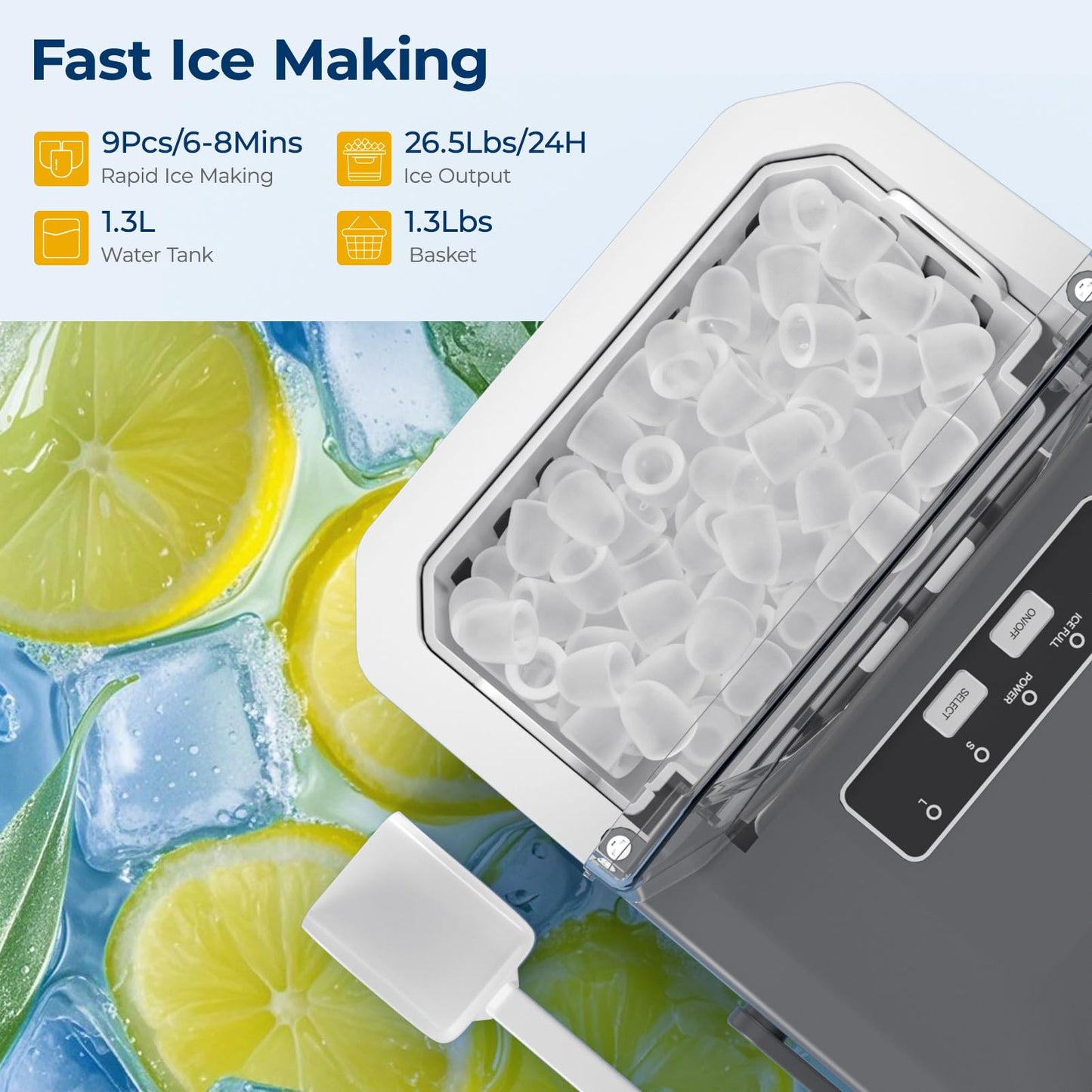 Ice Makers Countertop with Handle, 9 Ice Cubes in 6 Mins, 26.5Lbs/24H, 2 Sizes of Bullet Ice, Portable Ice Maker Machine with Self-Cleaning, for Home Kitchen Party RV Camping, Stainless Steel Silver