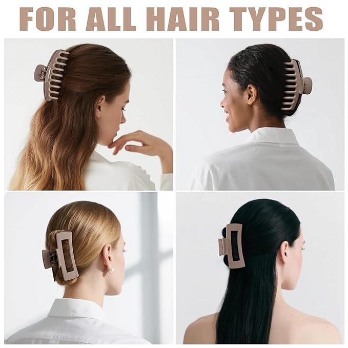 TOCESS Hair Claw Clips for Women - Large 8PK Neutral Matte Jumbo Square Hair Clips for Thick, Thin, Long, Short, Curly Hair Girls, Big Jaw Clip Set for Daily Use(Camel Khaki)